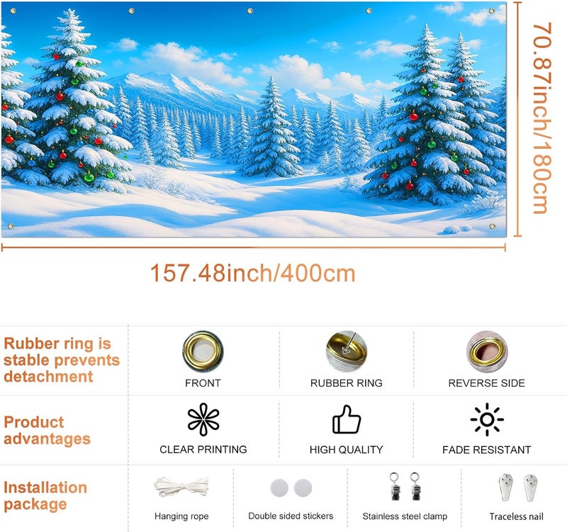 IVN Christmas Garage Door Cover Decoration 13x6ft Snow Covered Pine Trees Blue Mountain Forest Scene Merry Christmas Winter Garage Door Banner Home Door Front Yard Decor for Xmas Eve Holiday Outdoor - Image 3